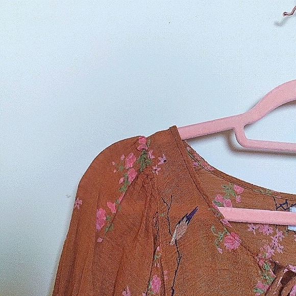 Urban Outfitters Burnt Orange Lace Up Floral Peplum Hem Puff Sleeve Blouse Small - Picture 6 of 13